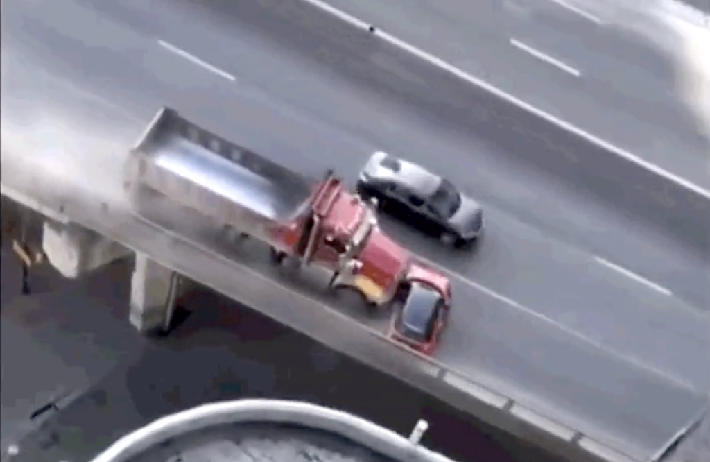 dump truck pushes plows small mini car highway accident