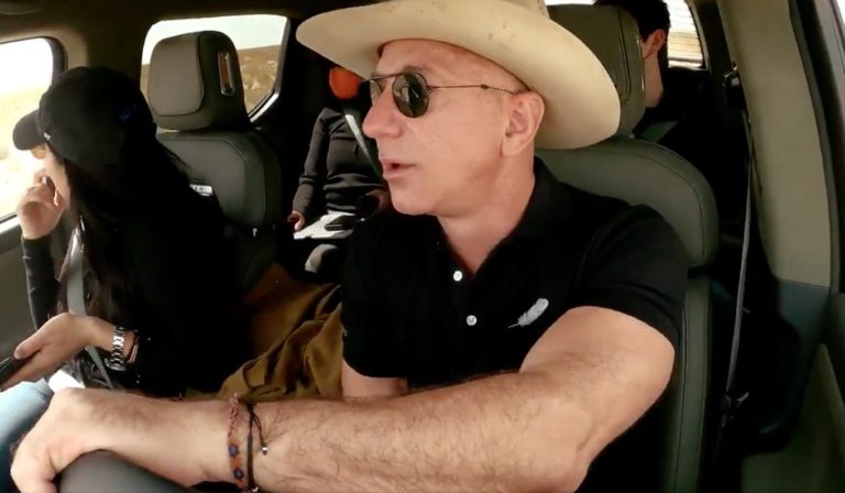 Jeff Bezos Drives a Rivian R1T Truck to a BlueOrigin Rocket Landing ...