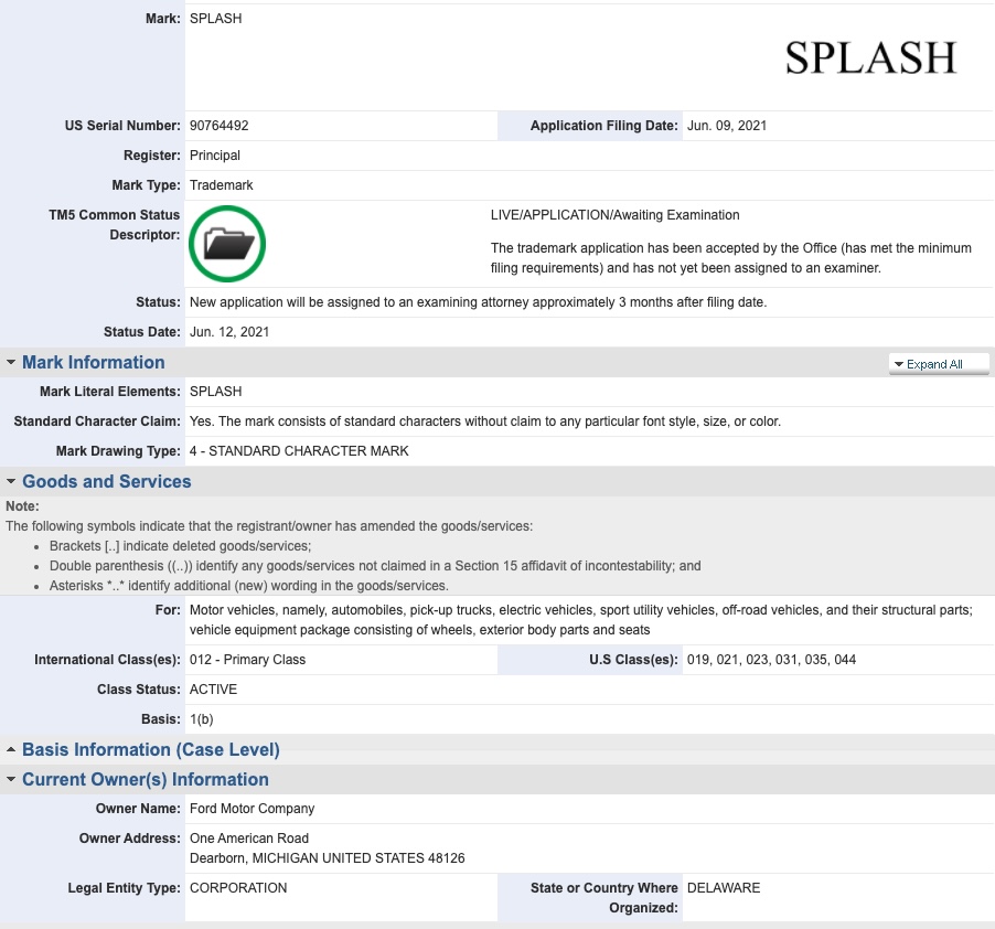 Ford Splash trademark application info