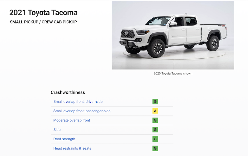 2021 toyota tacoma safety rating iihs side impact accident crash