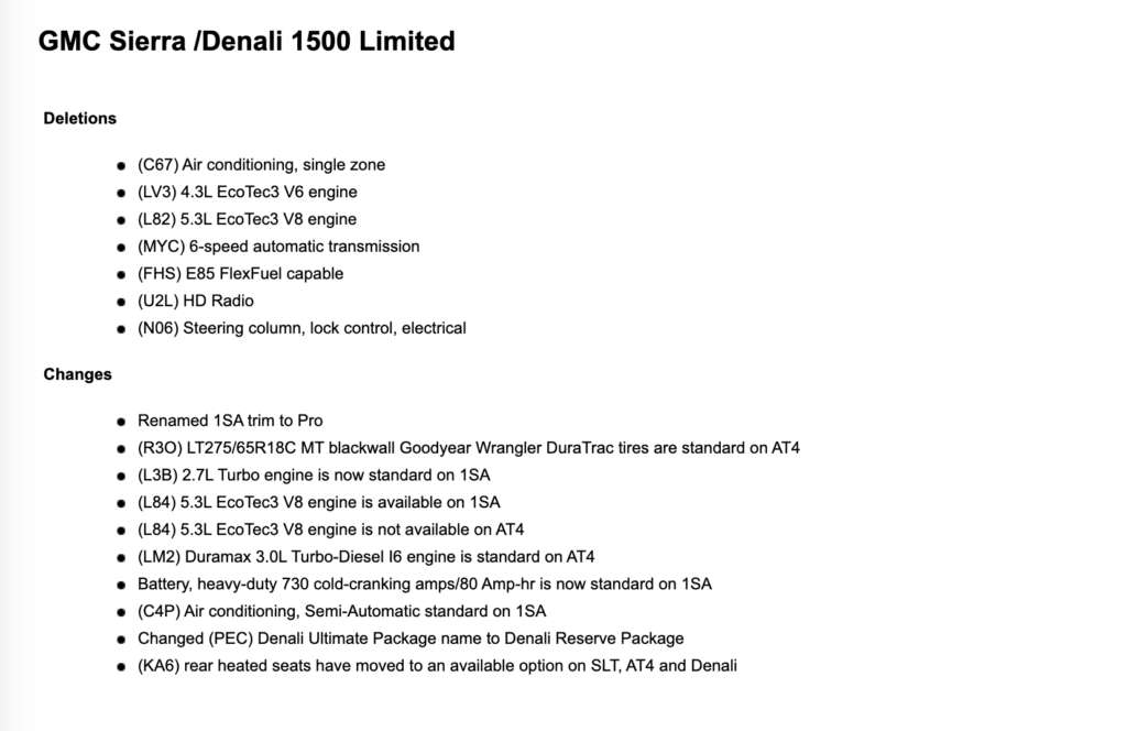 2022 gmc sierra 1500 limited options changes engines