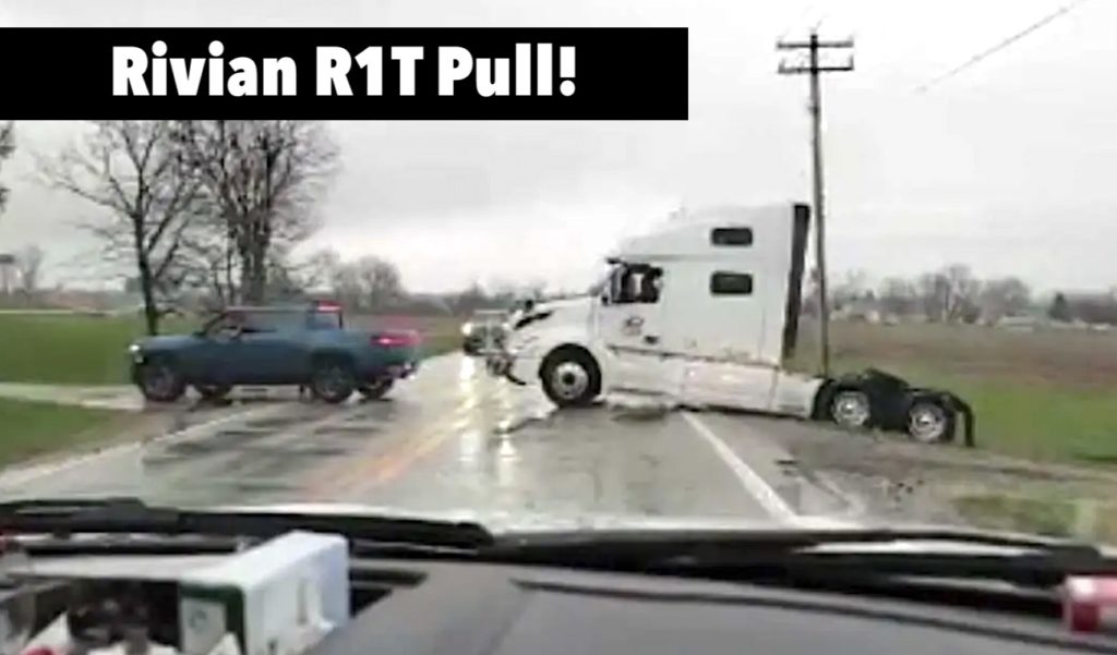 rivian r1t semi truck ditch pull