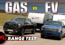 Video: How Far Can a Gas Truck & an Electric Ford Lightning Go Towing the Same Camper On ONE Fill-up? 2022 gmc sierra denali ultimate ford f-150 lightning towing range test camper trailer