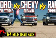 Video: Which All-New Diesel Is the Quickest in a Drag Race? Ford F-350 High Output vs Ram 3500 High Output vs Chevy Silverado 3500 Duramax 2023 2024 hd heavy-duty pickup truck drag race diesel power stroke ford duramax chevy silverado cummins ram 1/4 mile